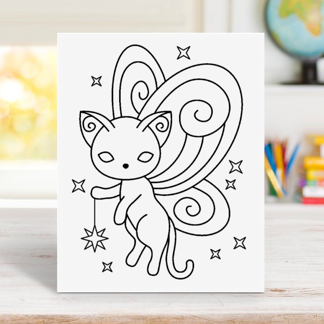 Pixie Cat - Fairy Wings Kitty Colouring Page Rubber Stamp (Creator Uploaded)