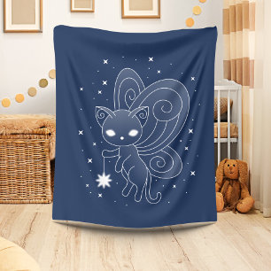 Pixie Cat - Fairy Wings Kitty on Blue Fleece Blanket
