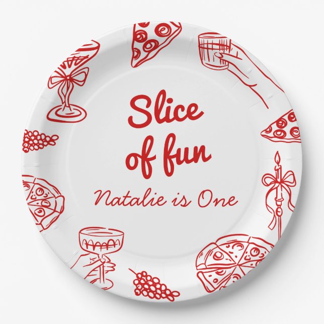 Pizza 1st Hand Drawn Slice Of Fun Birthday Party Paper Plate (Front)