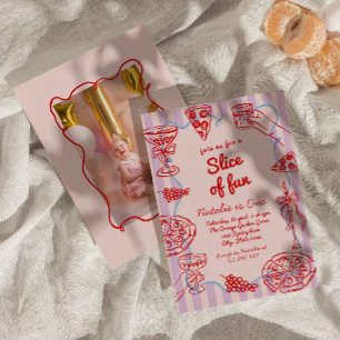 Pizza 1st Hand Drawn Slice Of Fun Photo Birthday Invitation