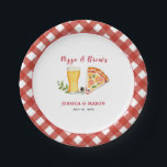 Pizza and Beer Casual Couples shower  Paper Plate<br><div class="desc">Casual and fun "Pizza and Brew." Couples shower paper plates  featuring hand painted watercolor watercolor Pizza and beer with red and white gingham border. Perfect for casual backyard summer engagement or shower.</div>