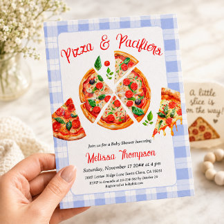 Pizza and Pacifiers Boy Blue Gingham Baby Shower Invitation