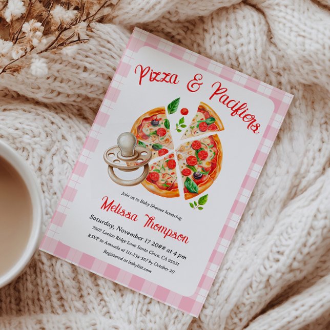 Pizza and Pacifiers Party Pink Plaid Baby Shower Invitation (Creator Uploaded)
