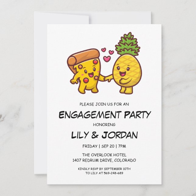 Pizza and pineapple couple cartoon engagement invitation (Front)