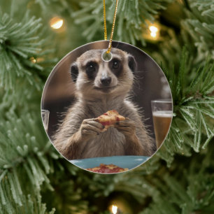 "Pizza and Pints: A Meerkat’s Perfect Snack Break" Ceramic Ornament