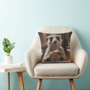 "Pizza and Pints: A Meerkat’s Perfect Snack Break" Cushion
