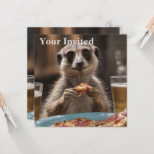 "Pizza and Pints: A Meerkat’s Perfect Snack Break" Invitation (Front/Back In Situ)