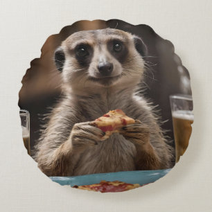 "Pizza and Pints: A Meerkat’s Perfect Snack Break" Round Cushion