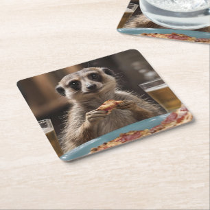 "Pizza and Pints: A Meerkat’s Perfect Snack Break" Square Paper Coaster