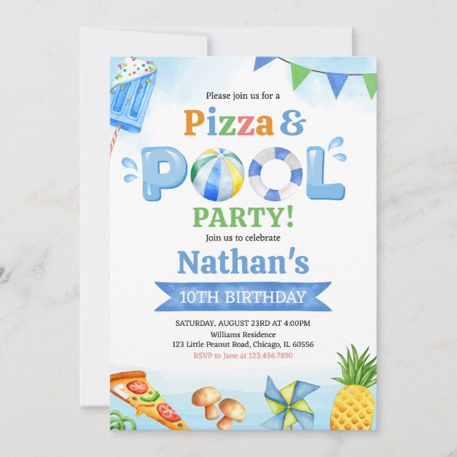 Pizza and Pool Birthday Party Invitation (Front)