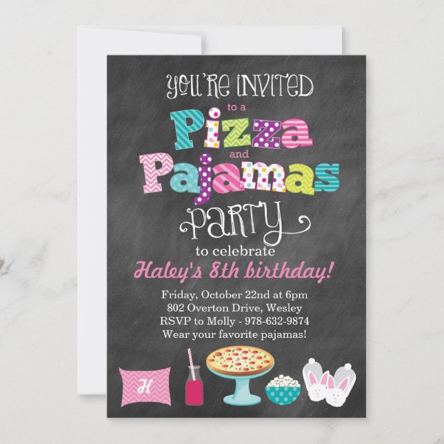 Pizza and Pyjamas Party Chalkboard Invitation (Front)
