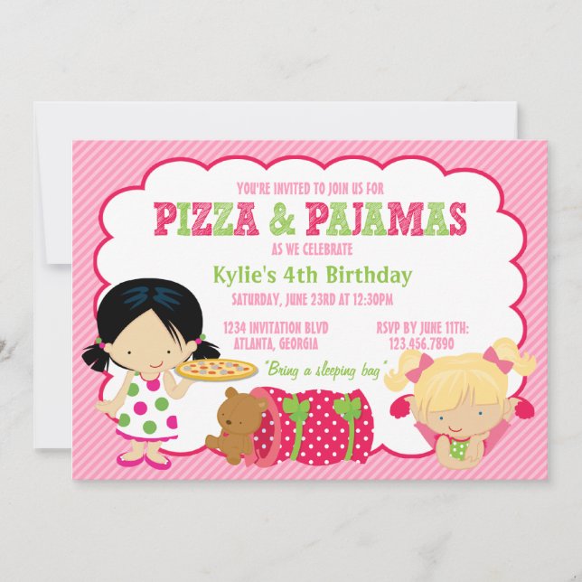 Pizza and Pyjamas Sleepover Party Invitation (Front)