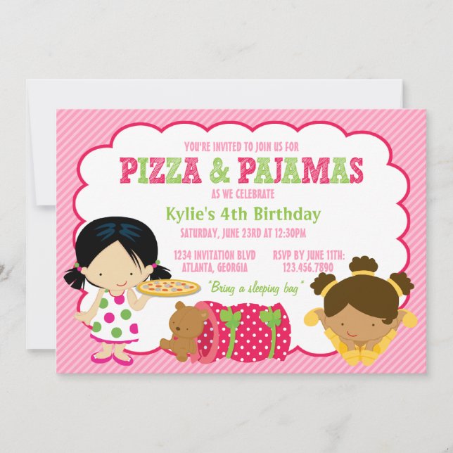 Pizza and Pyjamas Sleepover Party Invitation (Front)