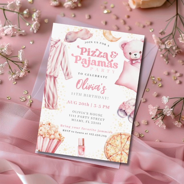 Pizza and Pyjamas Sleepover Slumber Party Birthday Invitation (Creator Uploaded)