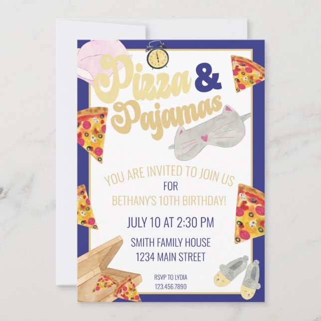 Pizza and Pyjamas Slumber Party Sleepover Birthday Invitation (Front)