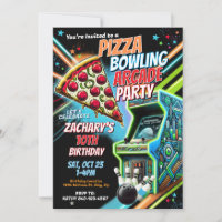 Pizza Arcade Bowling Party Invite for Kids