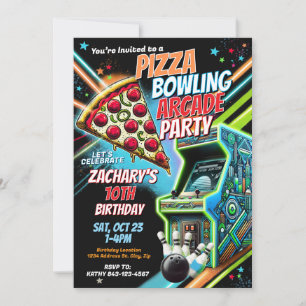 Pizza Arcade Bowling Party Invite for Kids