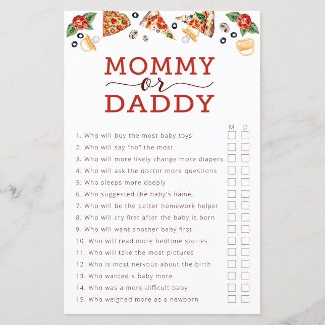 Pizza Baby Shower Game – Mummy or Daddy Guessing G (Front)