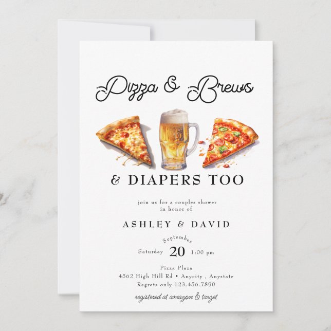 Pizza & Beer | Watercolor Couples Shower  Invitation (Front)