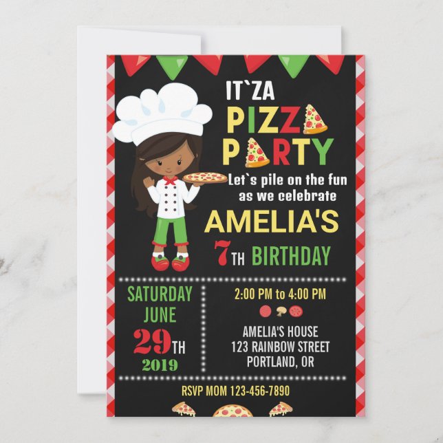 Pizza birthday invitation Little chef girl (Front)