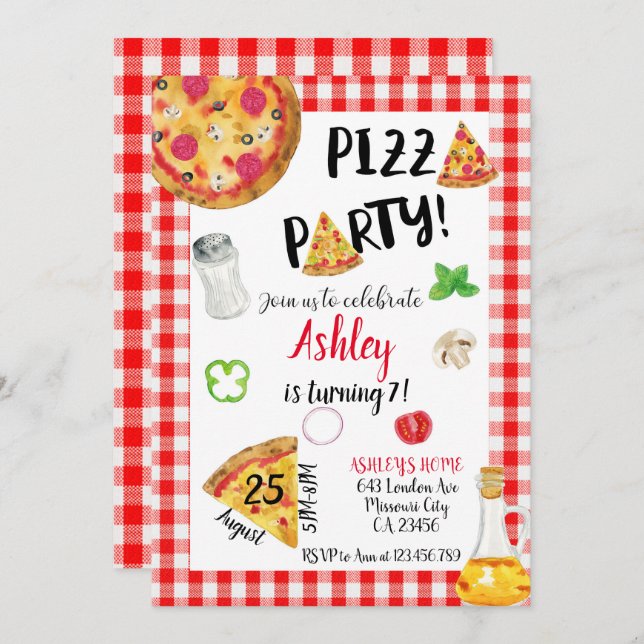 Pizza Birthday Invitation, Pizza Invitation (Front/Back)