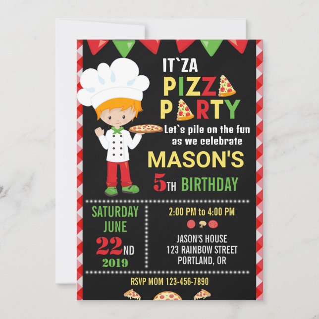 Pizza birthday invitation Red Green pizza party (Front)
