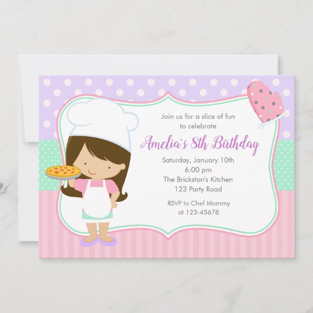 Pizza Birthday Invitations (Girl Pastel Pink) (Front)