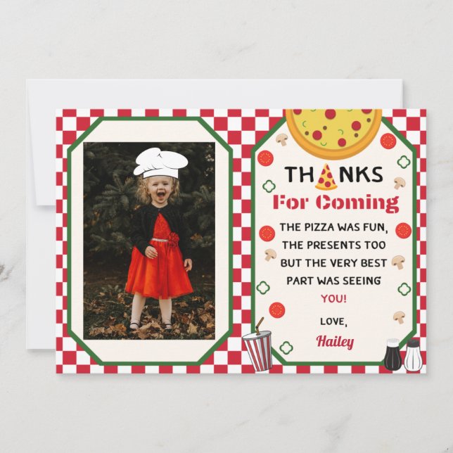 Pizza Birthday Party Photo Thank You Card (Front)