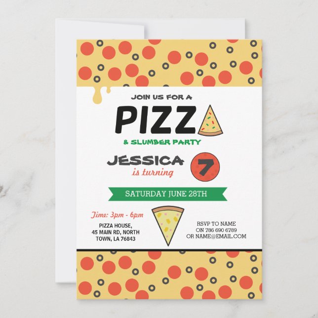 PIZZA Birthday Party Slumber Sleep Over Invite (Front)