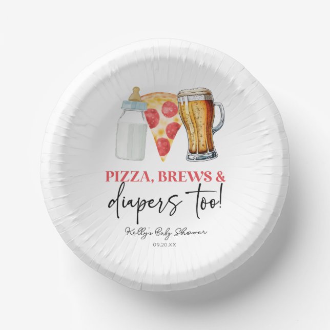 Pizza Brews and Diapers Too! Baby Shower Paper Plate (Front)