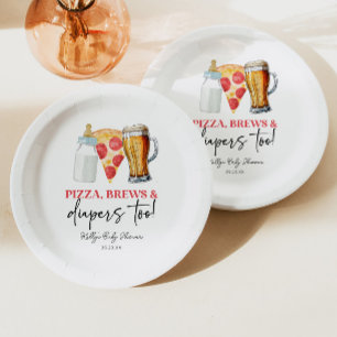Pizza Brews and Diapers Too! Baby Shower Paper Plate