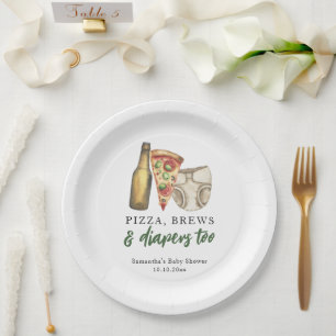 Pizza, Brews and Diapers too Baby shower  Paper Plate