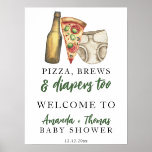 Pizza, Brews and Diapers too Baby shower Poster