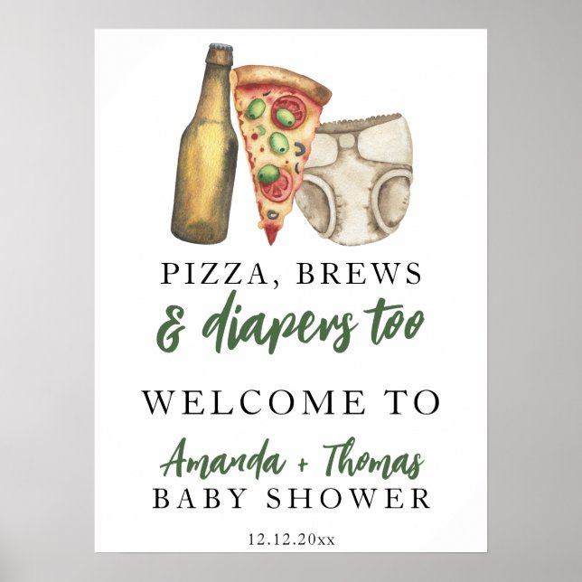 Pizza, Brews and Diapers too Baby shower Poster (Front)