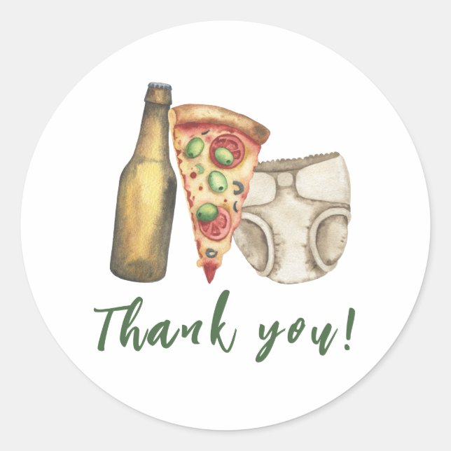 Pizza, Brews and Diapers too Baby shower Thank you Classic Round Sticker (Front)