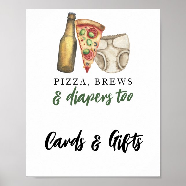 Pizza, Brews & Diapers Cards and gifts baby shower Poster (Front)