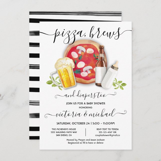 Pizza Brews & Diapers too Baby Shower Invitation (Front/Back)
