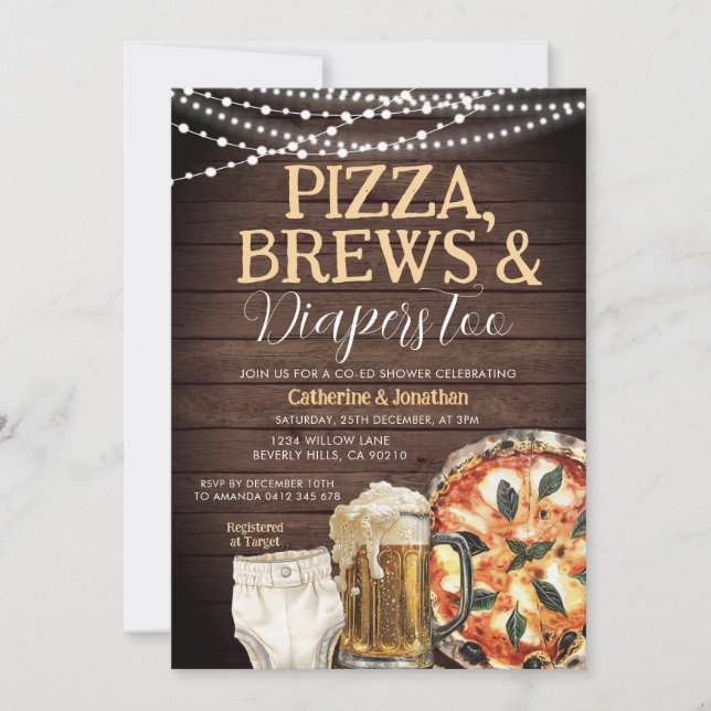 Pizza, Brews & Diapers too, Baby Shower Wood Invitation (Front)