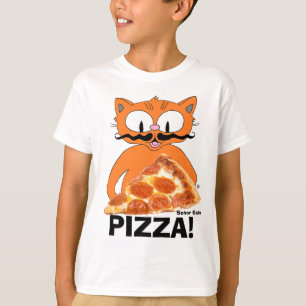 PIZZA! Cartoon Moustache Cat with Pizza Slice T-Shirt