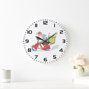 Pizza Delivery Guy on Red Scooter Large Clock