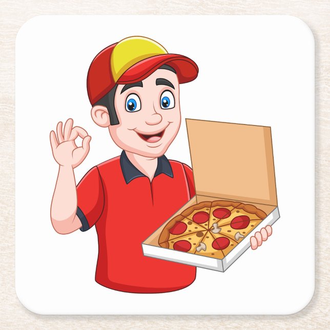Pizza Delivery Square Paper Coaster (Cartoon Pizza Guy!)