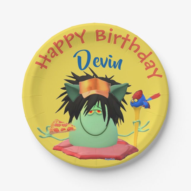 Pizza Eating Colourful Monster Character Paper Plate (Front)
