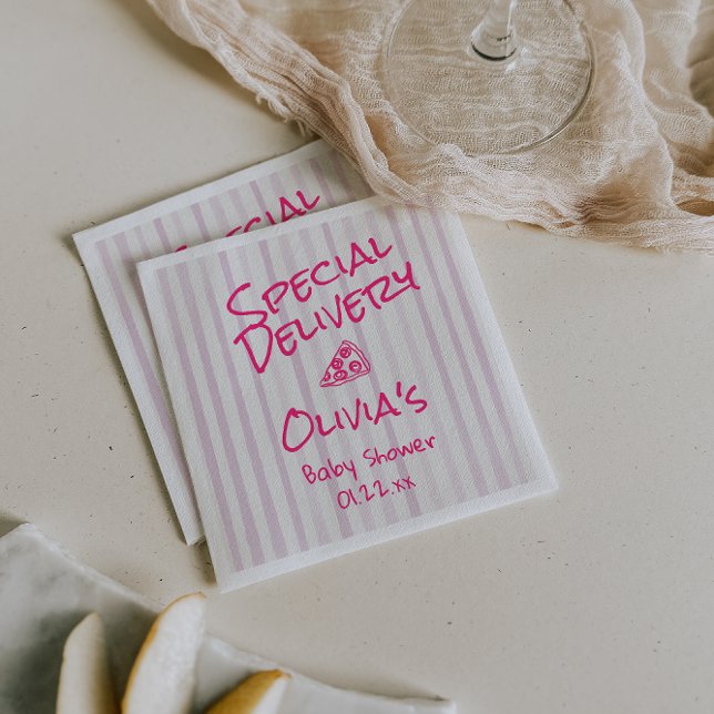 Pizza Hand Drawn Pink Special Delivery Baby Shower Napkin (Creator Uploaded)