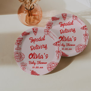 Pizza Hand Drawn Red Special Delivery Baby Shower Paper Plate