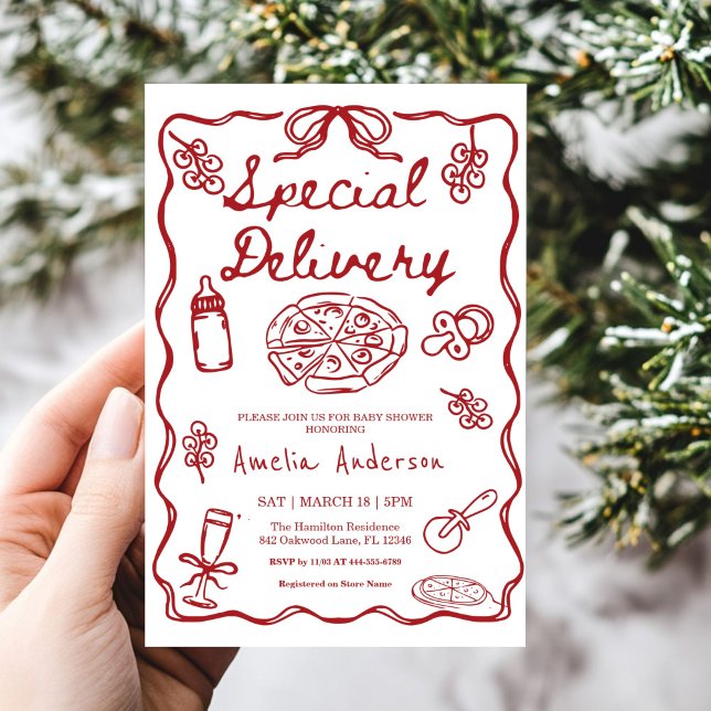 Pizza Hand Drawn Special Delivery Baby Shower Invitation (Creator Uploaded)