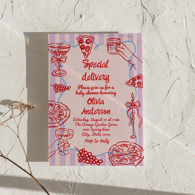 Pizza Hand Drawn Special Delivery Baby Shower Invitation (Creator Uploaded)