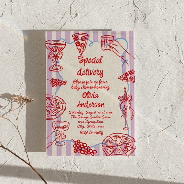 Pizza Hand Drawn Special Delivery Chic Baby Shower Invitation (Creator Uploaded)