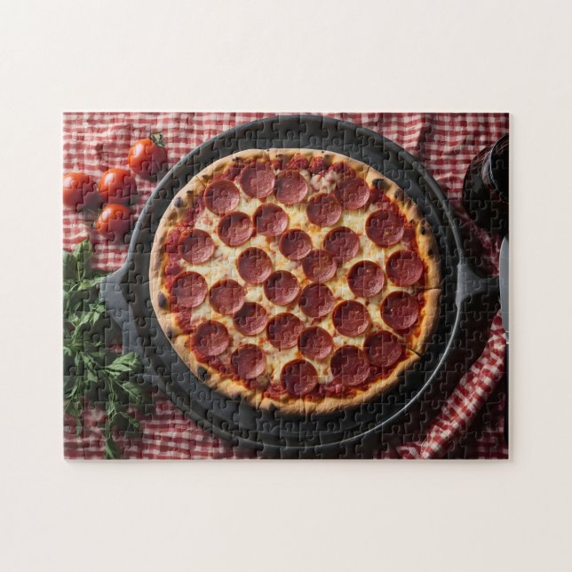 Pizza in pan onto of table jigsaw puzzle (Horizontal)