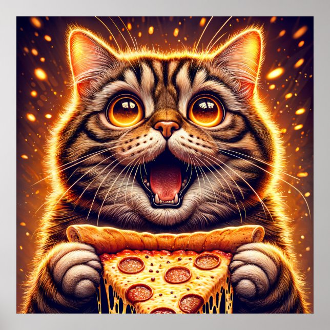Pizza-Loving Cat with Wide Eyes  Poster (Front)