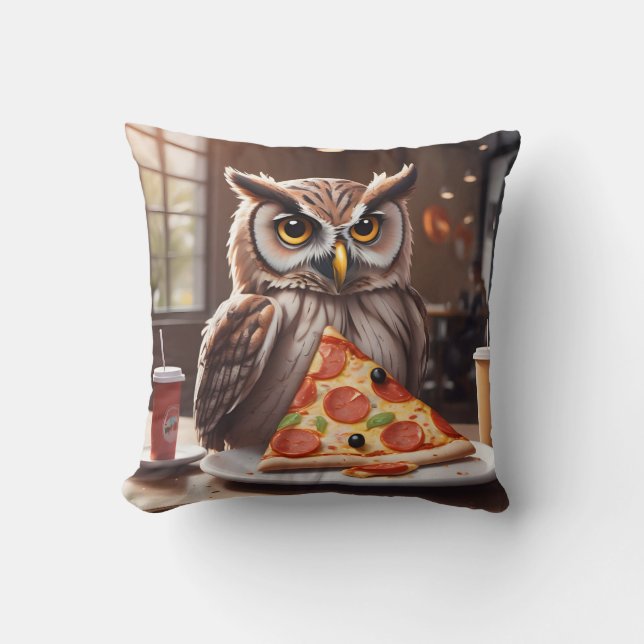 Pizza-Loving Owl in Cafe Cushion (Front)